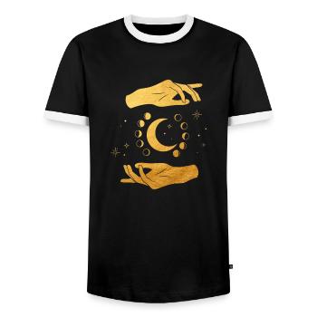 Moon phases with golden hands, spiritual, magical - Men's Ringer Shirt - black/white - Front - AI Model Female 172 light (172cm) & AI Model Male 178 light (178cm)