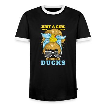 Women Bath Duckie Just A Girl Who Loves Rubber Duc - Men's Ringer Shirt - black/white - Front - AI Model Female 172 light (172cm) & AI Model Male 178 light (178cm)
