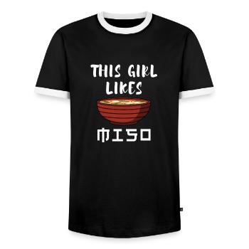 Japanese Food Culture Miso Soup Ramen - Men's Ringer Shirt - black/white - Front - AI Model Female 172 light (172cm) & AI Model Male 178 light (178cm)