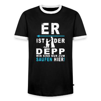 Er ist der Depp, wir saufen nur - Männer Kontrast-T-Shirt - Schwarz/Weiß - Vorne - AI Model Female 172 light (172cm) & AI Model Male 178 light (178cm)