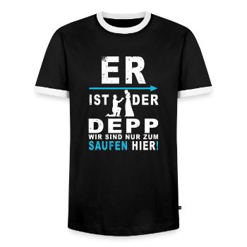 Er ist der Depp, wir saufen nur - Männer Kontrast-T-Shirt - Schwarz/Weiß - Vorne - AI Model Female 172 light (172cm) & AI Model Male 178 light (178cm)