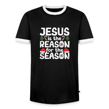 Xmas Christian Christmas Jesus is the reason - Men's Ringer Shirt - black/white - Front - AI Model Female 172 light (172cm) & AI Model Male 178 light (178cm)