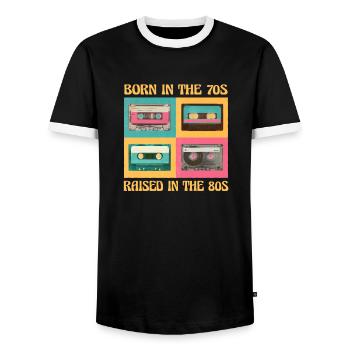 Né dans les années 70 élevé dans les années 80 80er Party - T-shirt contrasté Homme - noir/blanc - Devant - AI Model Female 172 light (172cm) & AI Model Male 178 light (178cm)