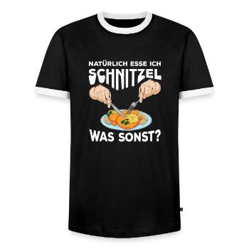 Natürlich esse ich Schnitzel - Männer Kontrast-T-Shirt - Schwarz/Weiß - Vorne - AI Model Female 172 light (172cm) & AI Model Male 178 light (178cm)