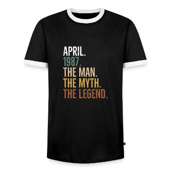 April 1987 Der Mann Der Mythos Die Legende - Männer Kontrast-T-Shirt - Schwarz/Weiß - Vorne - AI Model Female 172 light (172cm) & AI Model Male 178 light (178cm)