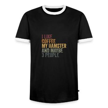 I like coffee my hamster & maybe 3 people - Men's Ringer Shirt - black/white - Front - AI Model Female 172 light (172cm) & AI Model Male 178 light (178cm)