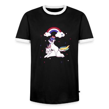 Cat July 4 Patriotic Caticorn Unicorn Meowica - Men's Ringer Shirt - black/white - Front - AI Model Female 172 light (172cm) & AI Model Male 178 light (178cm)