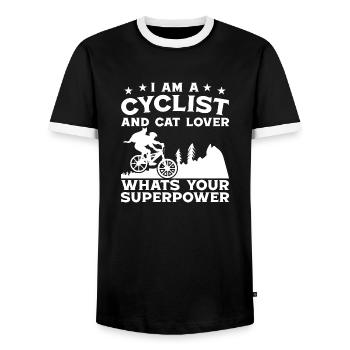 Superpuissance du cycliste et amoureux des chats - T-shirt contrasté Homme - noir/blanc - Devant - AI Model Female 172 light (172cm) & AI Model Male 178 light (178cm)