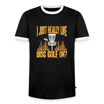 Discgolf Disc Golf Frisbee - Men's Ringer Shirt - black/white - Front - AI Model Female 172 light (172cm) & AI Model Male 178 light (178cm)