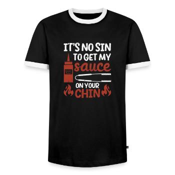 Es ist keine Sünde, meine Soße auf dein Kinn - Männer Kontrast-T-Shirt - Schwarz/Weiß - Vorne - AI Model Female 172 light (172cm) & AI Model Male 178 light (178cm)