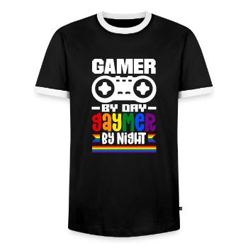 Gamer le jour Gaymer la nuit Rainbow Pride LGBTQ+ - T-shirt contrasté Homme - noir/blanc - Devant - AI Model Female 172 light (172cm) & AI Model Male 178 light (178cm)