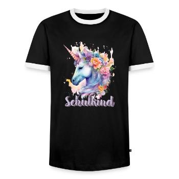 Einhorn Blumen Schulkind Einschulung 2023 - Männer Kontrast-T-Shirt - Schwarz/Weiß - Vorne - AI Model Female 172 light (172cm) & AI Model Male 178 light (178cm)