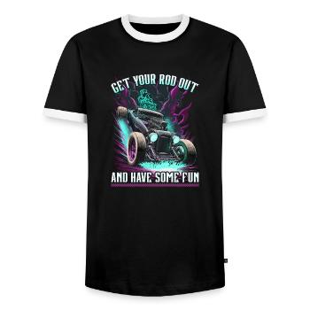 Hot Rod Get Your Rod Out, Muscle Car Rat Rod - Men's Ringer Shirt - black/white - Front - AI Model Female 172 light (172cm) & AI Model Male 178 light (178cm)
