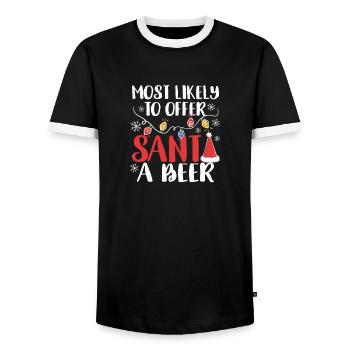 Most likely to offer Santa Claus a beer - Men's Ringer Shirt - black/white - Front - AI Model Female 172 light (172cm) & AI Model Male 178 light (178cm)