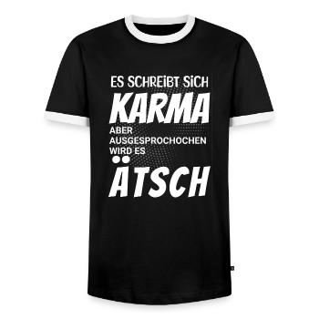 Es schreibt sich Karma aber spricht sich Ätsch - Männer Kontrast-T-Shirt - Schwarz/Weiß - Vorne - AI Model Female 172 light (172cm) & AI Model Male 178 light (178cm)