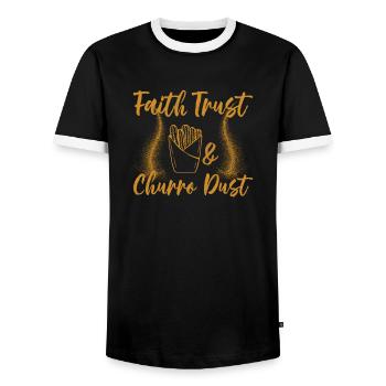 Foi, confiance et churro-poussière-churros - T-shirt contrasté Homme - noir/blanc - Devant - AI Model Female 172 light (172cm) & AI Model Male 178 light (178cm)