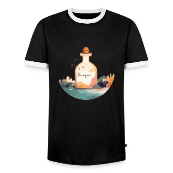 Perfümflasche "Unique" in einer schönen Landschaft - Männer Kontrast-T-Shirt - Schwarz/Weiß - Vorne - AI Model Female 172 light (172cm) & AI Model Male 178 light (178cm)