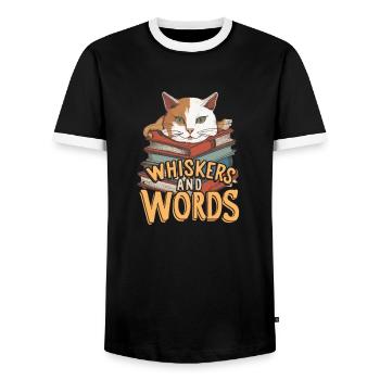 Whiskers and Words': Where curiosity about cosiness - Men's Ringer Shirt - black/white - Front - AI Model Female 172 light (172cm) & AI Model Male 178 light (178cm)