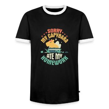 Sorry, My Capybara Ate My Homework Capibara Owner - Men's Ringer Shirt - black/white - Front - AI Model Female 172 light (172cm) & AI Model Male 178 light (178cm)