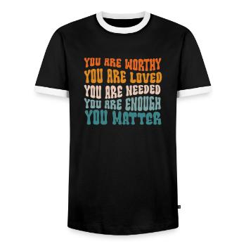 You Matter Kindness Be Kind Groovy Mental Health - Men's Ringer Shirt - black/white - Front - AI Model Female 172 light (172cm) & AI Model Male 178 light (178cm)