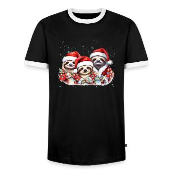 Sloth Family Christmas, Mom, Dad, Baby Sloth Chris - Men's Ringer Shirt - black/white - Front - AI Model Female 172 light (172cm) & AI Model Male 178 light (178cm)
