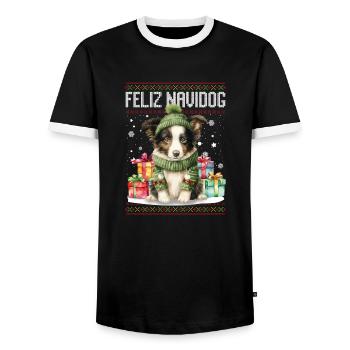 Border Collie Hund Feliz Navidog - Feliz Navidad Ch - Männer Kontrast-T-Shirt - Schwarz/Weiß - Vorne - AI Model Female 172 light (172cm) & AI Model Male 178 light (178cm)