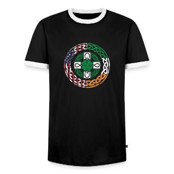 Irish, American, USA, Flag, Celtic Cross - Men's Ringer Shirt - black/white - Front - AI Model Female 172 light (172cm) & AI Model Male 178 light (178cm)
