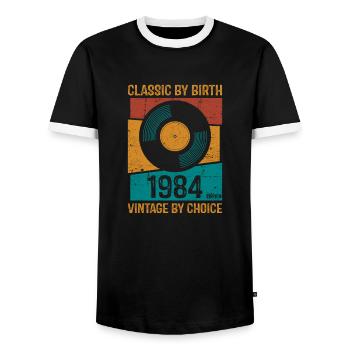1984 Vintage Vinyl Classic Geburtsjahr - Männer Kontrast-T-Shirt - Schwarz/Weiß - Vorne - AI Model Female 172 light (172cm) & AI Model Male 178 light (178cm)