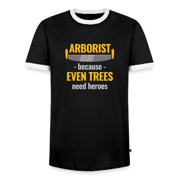 Arborists, because trees need heroes too - Men's Ringer Shirt - black/white - Front - AI Model Female 172 light (172cm) & AI Model Male 178 light (178cm)