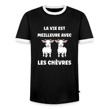 Citation humour petite chèvre - T-shirt contrasté Homme - noir/blanc - Devant - AI Model Female 172 light (172cm) & AI Model Male 178 light (178cm)