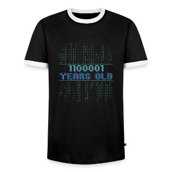 97th Birthday 97 years old Binary Code Computer Science - Men's Ringer Shirt - black/white - Front - AI Model Female 172 light (172cm) & AI Model Male 178 light (178cm)