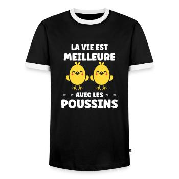 Humour petit poussin - T-shirt contrasté Homme - noir/blanc - Devant - AI Model Female 172 light (172cm) & AI Model Male 178 light (178cm)