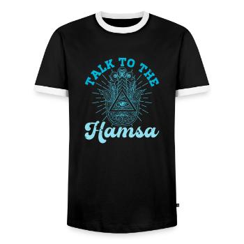 Hamsa Eye Hand Talisman Yoga Fluchschutz - Männer Kontrast-T-Shirt - Schwarz/Weiß - Vorne - AI Model Female 172 light (172cm) & AI Model Male 178 light (178cm)