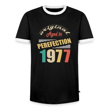 I'm 47 years old | I was born in 1977 - birth - Men's Ringer Shirt - black/white - Front - AI Model Female 172 light (172cm) & AI Model Male 178 light (178cm)