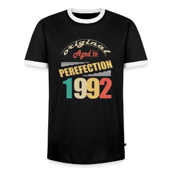 J’ai 32 ans | Je suis né en 1992 - birth - T-shirt contrasté Homme - noir/blanc - Devant - AI Model Female 172 light (172cm) & AI Model Male 178 light (178cm)