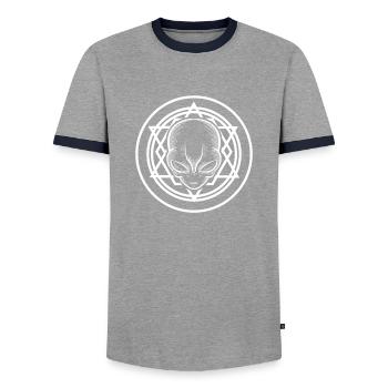Sacred Geometry Alien TShirt Extraterrestrial Life - Men's Ringer Shirt - grey/navy  - Front - AI Model Female 172 light (172cm) & AI Model Male 178 light (178cm)