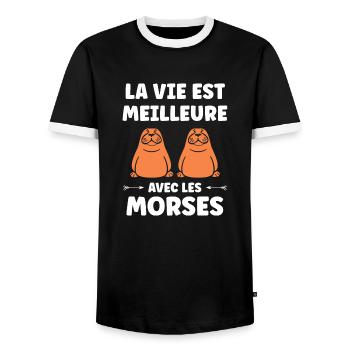 Animal humour Morse - T-shirt contrasté Homme - noir/blanc - Devant - AI Model Female 172 light (172cm) & AI Model Male 178 light (178cm)