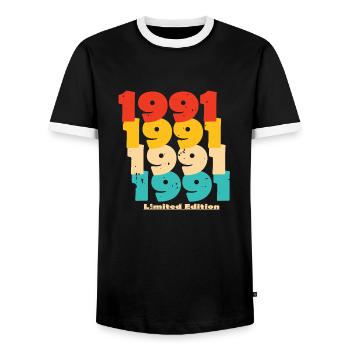 1991: Limited Edition - 33rd Anniversary - Men's Ringer Shirt - black/white - Front - AI Model Female 172 light (172cm) & AI Model Male 178 light (178cm)
