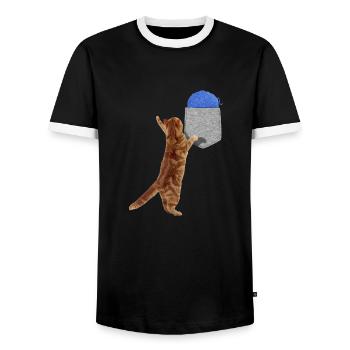 Katze, die nach Wollball in Ihrer falschen Tasche greift Spaß - Männer Kontrast-T-Shirt - Schwarz/Weiß - Vorne - AI Model Female 172 light (172cm) & AI Model Male 178 light (178cm)