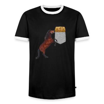 Pferd, das Nach Heu In Ihrer Falschen Tasche Greift Lustig - Männer Kontrast-T-Shirt - Schwarz/Weiß - Vorne - AI Model Female 172 light (172cm) & AI Model Male 178 light (178cm)