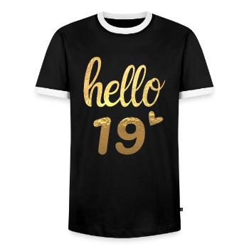 Hello 19 gold - Men's Ringer Shirt - black/white - Front - AI Model Female 172 light (172cm) & AI Model Male 178 light (178cm)