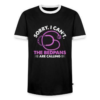 sorry I cant the bedpans are calling Design for a - Men's Ringer Shirt - black/white - Front - AI Model Female 172 light (172cm) & AI Model Male 178 light (178cm)