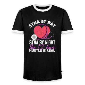 stna by day stna by night Design for a nursing - Men's Ringer Shirt - black/white - Front - AI Model Female 172 light (172cm) & AI Model Male 178 light (178cm)