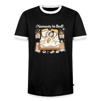 Namaste im Bett - Männer Kontrast-T-Shirt - Schwarz/Weiß - Vorne - AI Model Female 172 light (172cm) & AI Model Male 178 light (178cm)