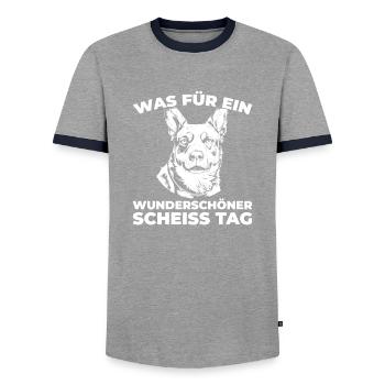 Australischer Rinderhund - Männer Kontrast-T-Shirt - Grau/Navy  - Vorne - AI Model Female 172 light (172cm) & AI Model Male 178 light (178cm)