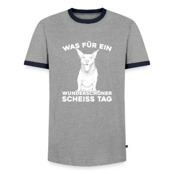 Bull Terriers, please keep your mouth shut - Men's Ringer Shirt - grey/navy  - Front - AI Model Female 172 light (172cm) & AI Model Male 178 light (178cm)