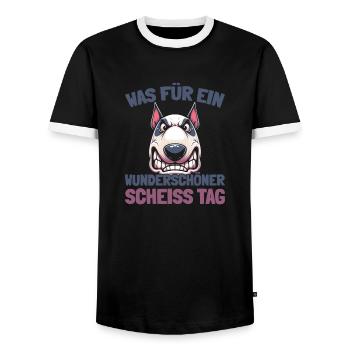 Bull Terriers, please keep your mouth shut - Men's Ringer Shirt - black/white - Front - AI Model Female 172 light (172cm) & AI Model Male 178 light (178cm)