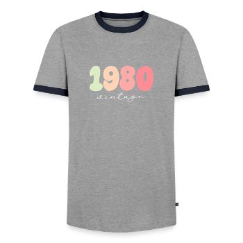Year of birth 1980 - Men's Ringer Shirt - grey/navy  - Front - AI Model Female 172 light (172cm) & AI Model Male 178 light (178cm)