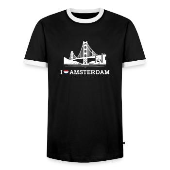 I Love Amsterdam Flag Heart Golden Gate Bridge Pun - Men's Ringer Shirt - black/white - Front - AI Model Female 172 light (172cm) & AI Model Male 178 light (178cm)