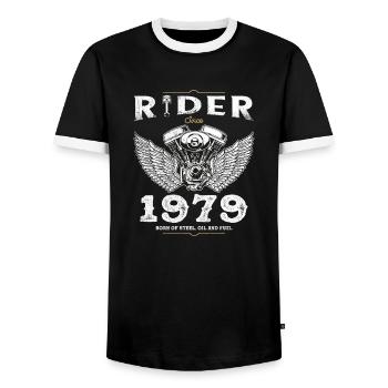 Cycliste depuis 1979 - 46 ans, né pour rouler, construit - T-shirt contrasté Homme - noir/blanc - Devant - AI Model Female 172 light (172cm) & AI Model Male 178 light (178cm)
